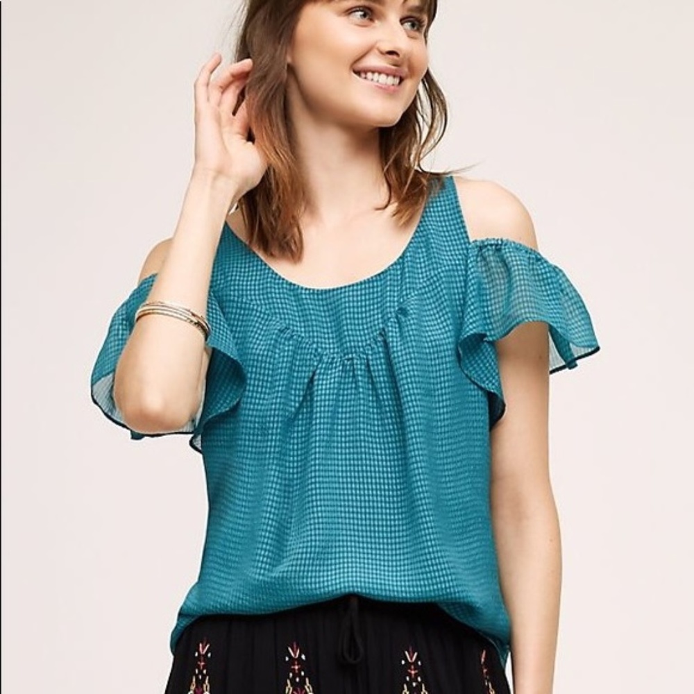 Anthropologie Maeve Tavin Teal Cold Shoulder Top